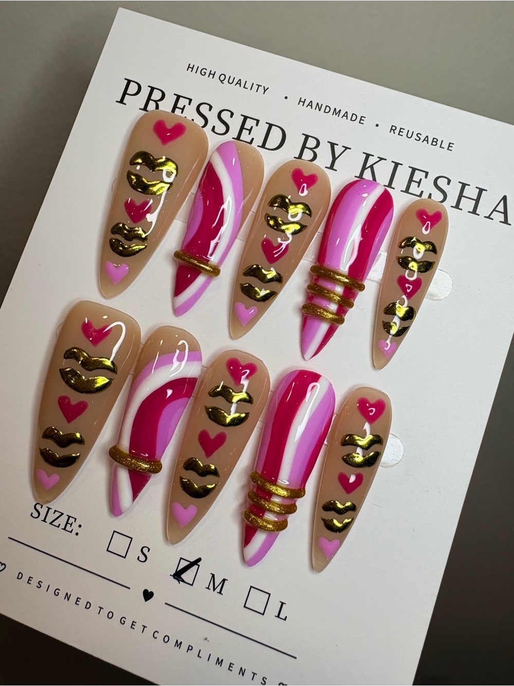 Press-On Nails with Pink Hearts & Gold Accents